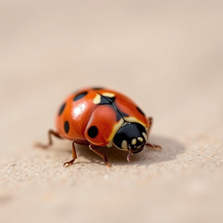 Close-up of a ladybug resting on a smooth surface, 50mm lens, f/2.8 aperture, ISO 100, 1/200 sec shutter speed, natural lighting, macro photography, DSLR camera.