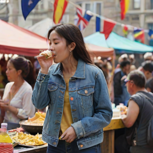 Crowded festival in a bustling square, colorful flags hanging overhead, a woman in a denim jacket stands at a food stall, sipping from a cold drink as performers entertain in the background.