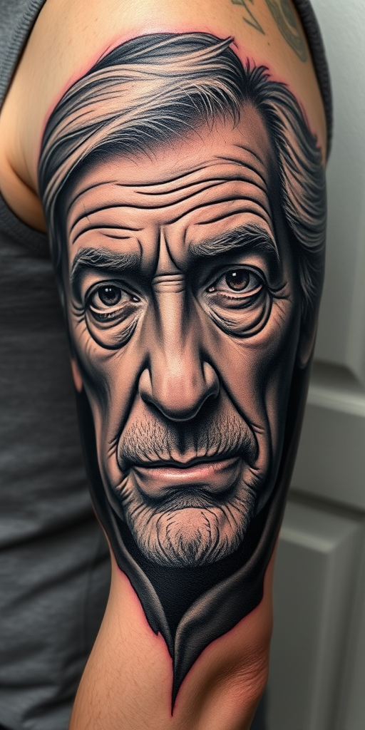 Realistic grayscale portrait tattoo titled "Timeless Gaze" showcasing intricate shading and lifelike details of an elderly face with piercing eyes, symbolizing wisdom and the passage of time on the upper arm