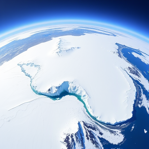Generate a high-resolution image of Antarctica from a satellite perspective using a DSLR camera with a focal length of 18mm, aperture set to f/8, ISO 100, capturing a clear, detailed view with natural lighting and vibrant colors.