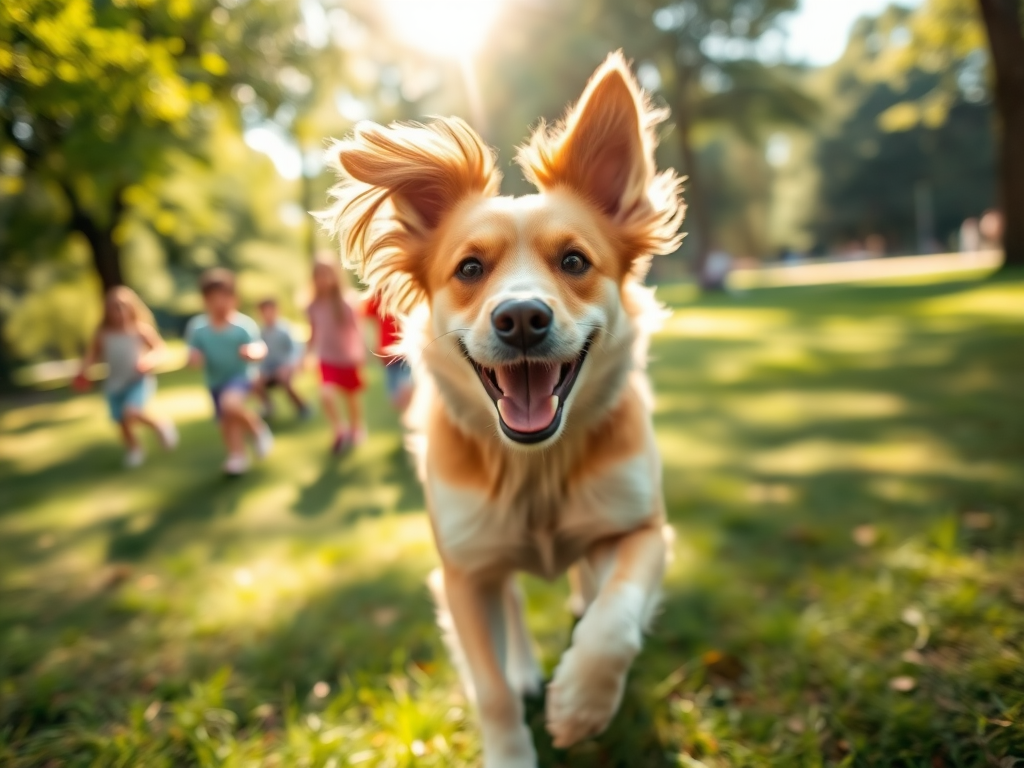 Blurry, candid photo of a dog running through a park, ears flapping in the wind, joyful expression on its face, sunlight filtering through the trees, a group of children playing in the background, soft shadows on the grass.