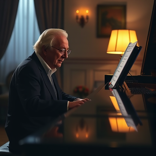 Warmly lit, intimate photo of an elderly man playing a grand piano in a dimly lit room, soft light from a nearby lamp casting shadows on the sheet music, with a faint reflection in the piano's glossy surface.
