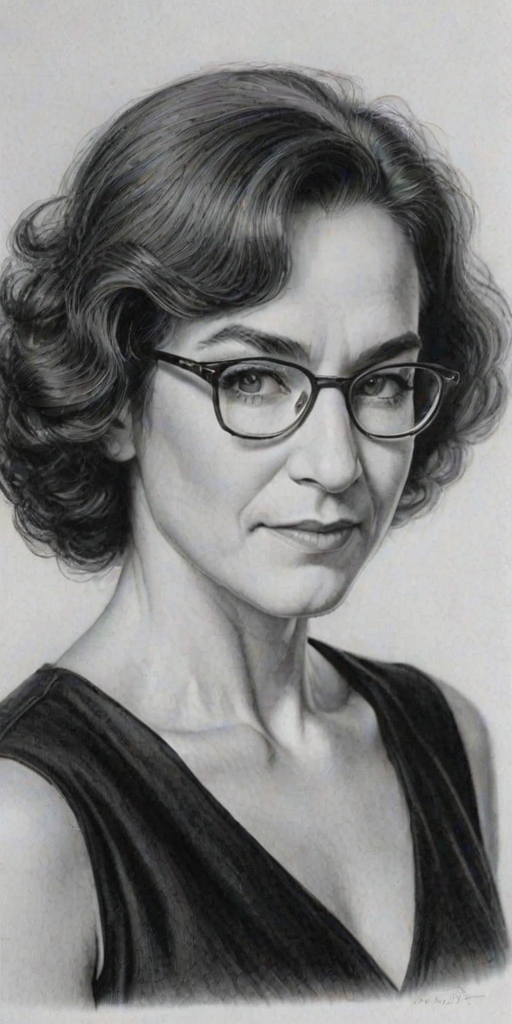 Graceful Mandy Patinkin, pencil sketch, portrait of Captivating woman 1926s in glasses, hair style beatnik, outline, clear lines, fine lines, 8k