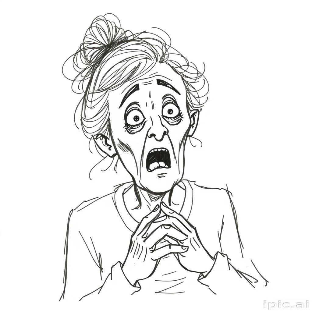 scribbly unfinished sketch, old lady with messy gray hair in a loose bun, surprised expression, mouth open, hands clasped together in front of her chest. Her eyes are wide, eyebrows are furrowed. vibe of shock or surprise.