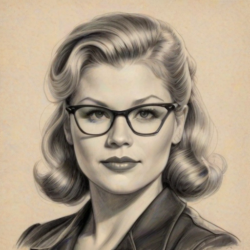 Charming Beth Phoenix, pencil sketch, portrait of Charming woman 1938s in glasses, hair style beatnik, outline, clear lines, fine lines, 8k