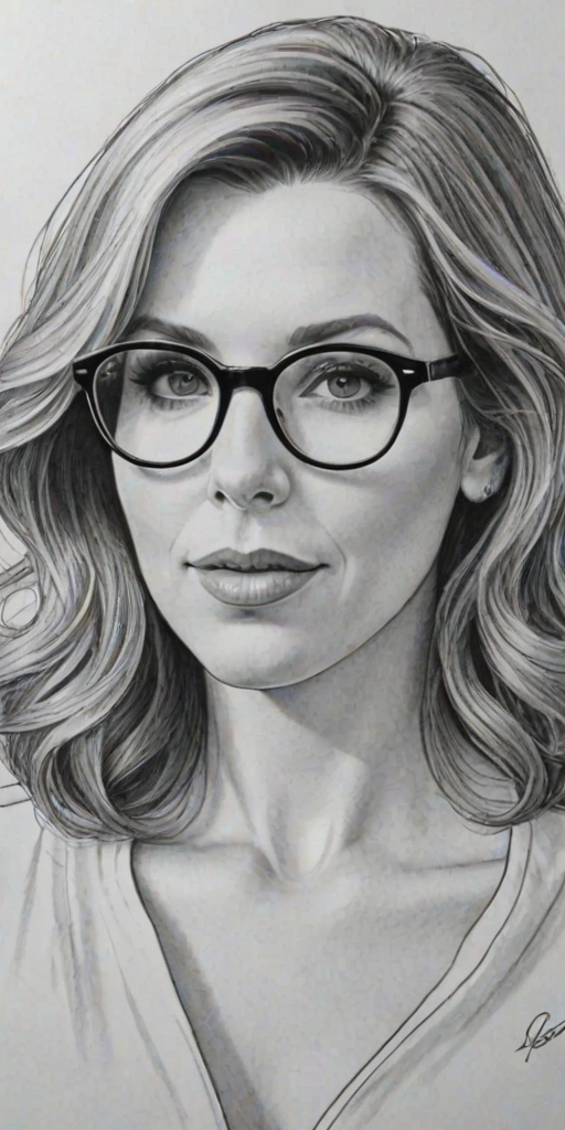 Pleasing June Diane Raphael, pencil sketch, portrait of Stunning woman 1975s in glasses, hair style beatnik, outline, clear lines, fine lines, 8k
