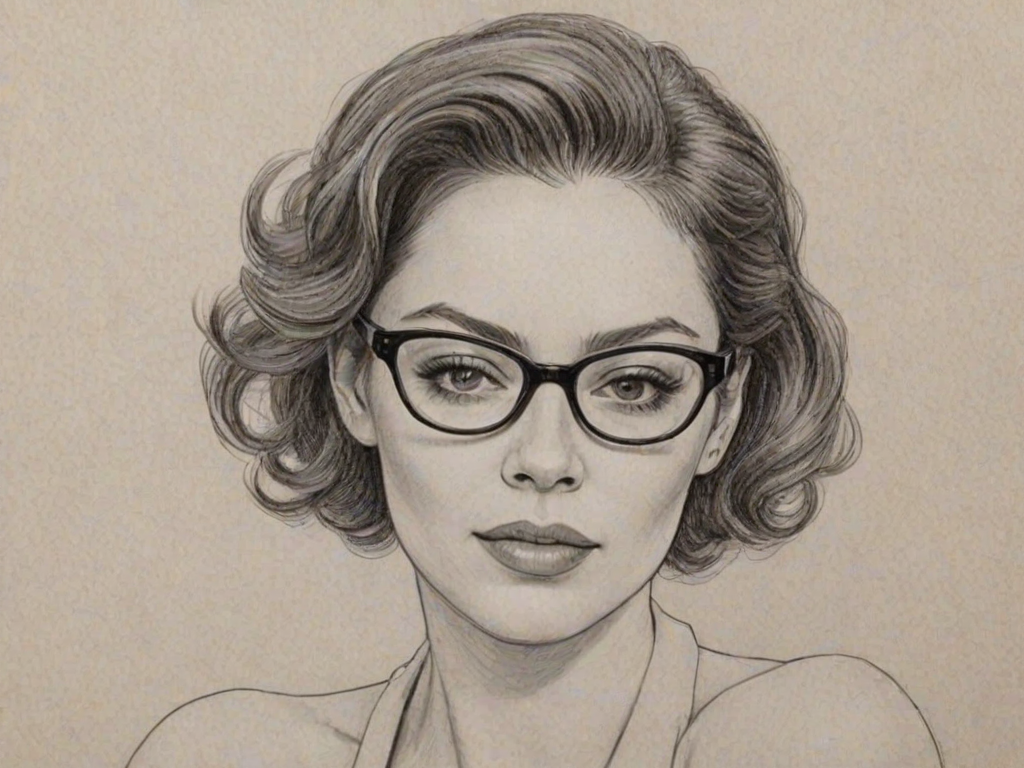 Comely Rose McGowan, pencil sketch, portrait of Dazzling woman 1947s in glasses, hair style beatnik, outline, clear lines, fine lines, 8k