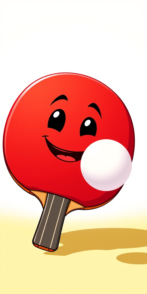 Create a vibrant illustration of a cartoon ping pong paddle with a smiling face, a white ball in motion towards it, set against a bright background, using a Canon EOS R5, 50mm lens, aperture f/2.8, shutter speed 1/250s, ISO 100 for high detail and clarity.