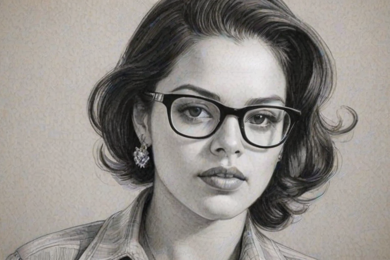Wonderful Alyssa Diaz, pencil sketch, portrait of Dazzling woman 1941s in glasses, hair style beatnik, outline, clear lines, fine lines, 8k