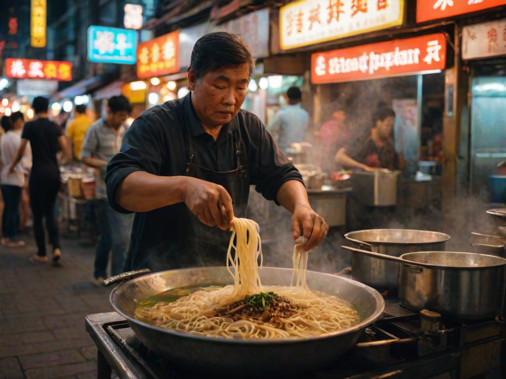 Blurry, candid photo of a street vendor serving steaming hot noodles to customers, soft focus on the motion of the vendor's hands, distant neon signs lighting up the bustling night market.