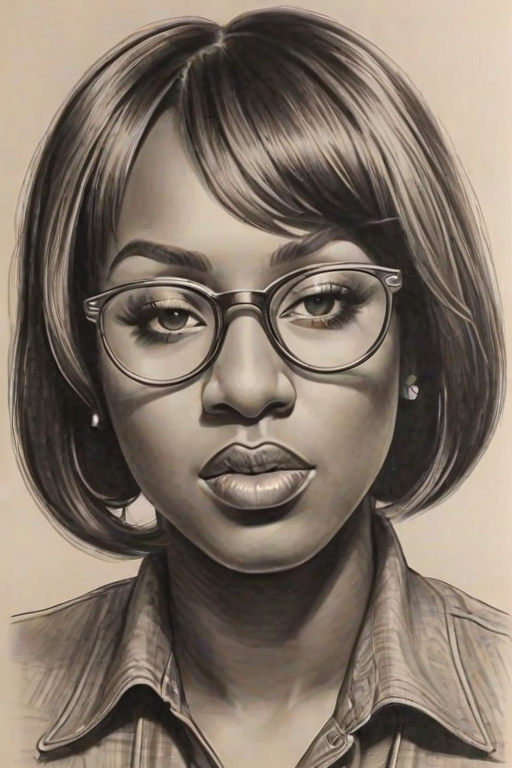 Appealing Missy Elliott, pencil sketch, portrait of Comely woman 1934s in glasses, hair style beatnik, outline, clear lines, fine lines, 8k