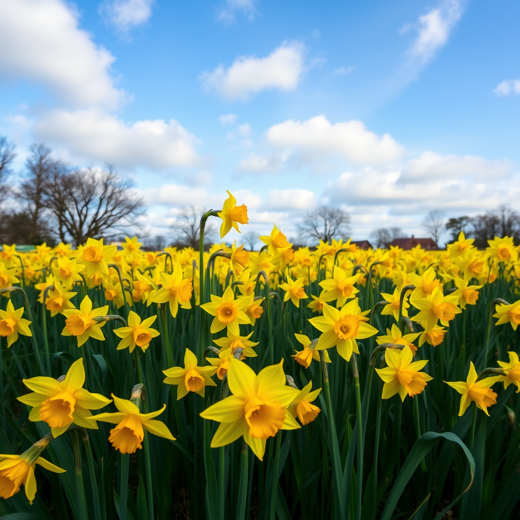 field of vibrant yellow daffodils in full bloom under a clear blue sky with soft clouds, shot with a Canon EOS 5D Mark IV, 24mm lens, f/8 aperture, 1/250 sec shutter speed, ISO 200, in landscape mode using a wide-angle perspective for depth.