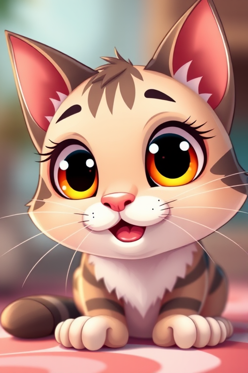Create a high-resolution illustration of a cute, cartoonish cat character with oversized eyes and a playful expression, shot in a close-up view using a DSLR camera at f/2.8, ISO 100, and a shutter speed of 1/250s, in vibrant colors and soft lighting to enhance its adorable features.