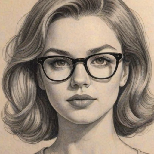 Attractive Morgan Saylor, pencil sketch, portrait of Appealing woman 1963s in glasses, hair style beatnik, outline, clear lines, fine lines, 8k