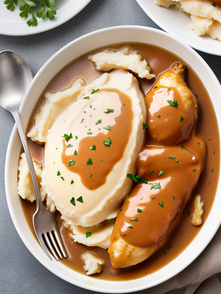 chicken in gravy over mashed potatoes