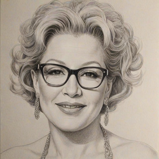 Sublime Bette Midler, pencil sketch, portrait of Superb woman 1963s in glasses, hair style beatnik, outline, clear lines, fine lines, 8k