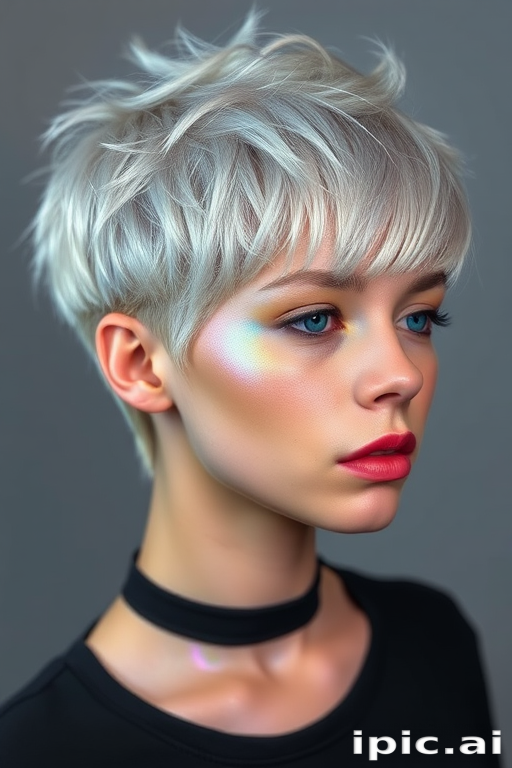 Futuristic Holographic Pixie cut featuring short, spiky layers in iridescent silver with color-shifting properties, creating a mesmerizing, otherworldly effect