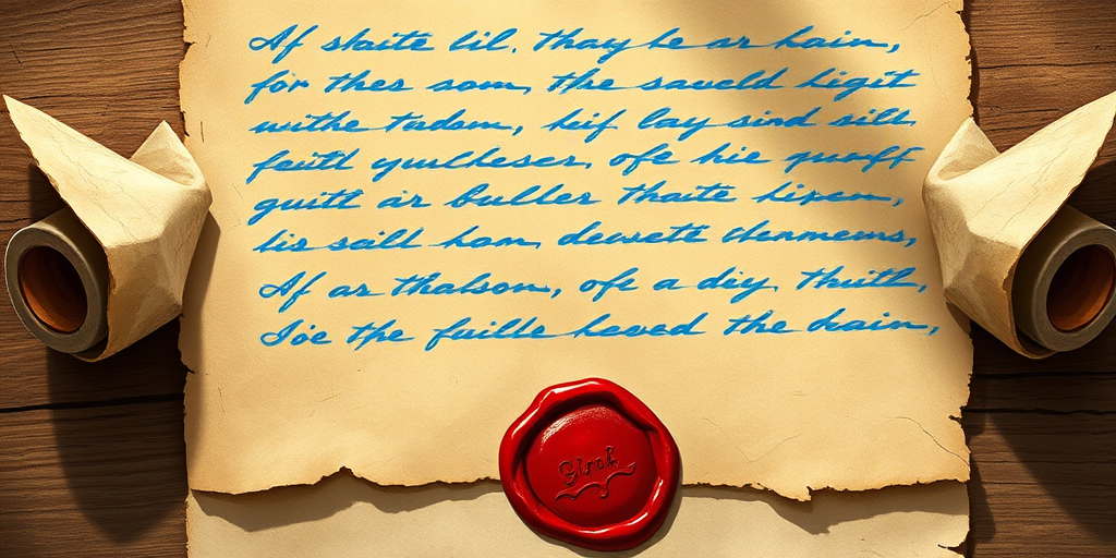 Create a detailed illustration of a parchment scroll with uneven blue lines written on it, featuring a bright red wax seal at the bottom, using a DSLR camera with a 50mm lens, aperture set to f/2.8, ISO 100, natural lighting at a 45-degree angle, and a shallow depth of field to enhance focus on the scroll's texture.