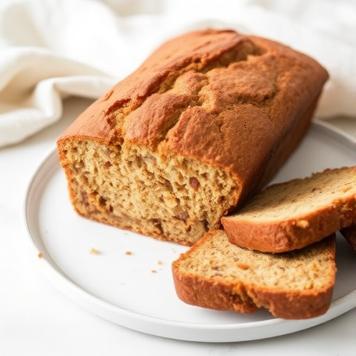A freshly baked loaf of banana bread with slices cut and arranged beside it showcasing a moist and fluffy texture with hints of brown and speckles of nuts on a plain white plate with a soft cloth in the background.