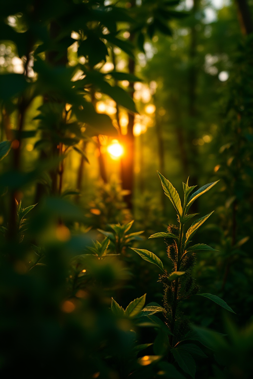 high-resolution close-up of a lush green forest during golden hour, with warm sunlight filtering through the leaves, shallow depth of field, f/2.8 aperture, 50mm lens, ISO 100, taken with a DSLR camera
