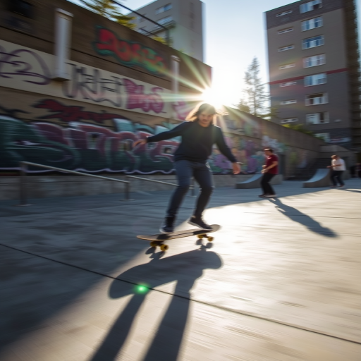 Blurry, fast-paced image of a skateboarder performing a trick in an urban skate park, graffiti-covered walls in the background, sunlight casting long shadows on the pavement, other skaters watching from the sidelines, the sound of wheels on concrete filling the air.