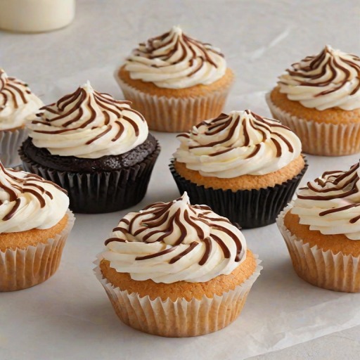 Create an image of several delicious cupcakes topped with swirls of creamy frosting. The cupcakes should have a coating of shredded coconut and be drizzled with chocolate sauce. Arrange them neatly on white paper liners, showcasing their appealing textures and colors.