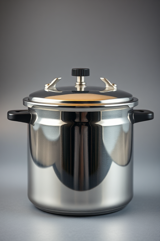Generate a high-resolution image of a stainless steel pressure cooker with a shiny finish, using a 50mm lens, aperture f/2.8, ISO 100, and a studio lighting setup for enhanced detail and clarity.