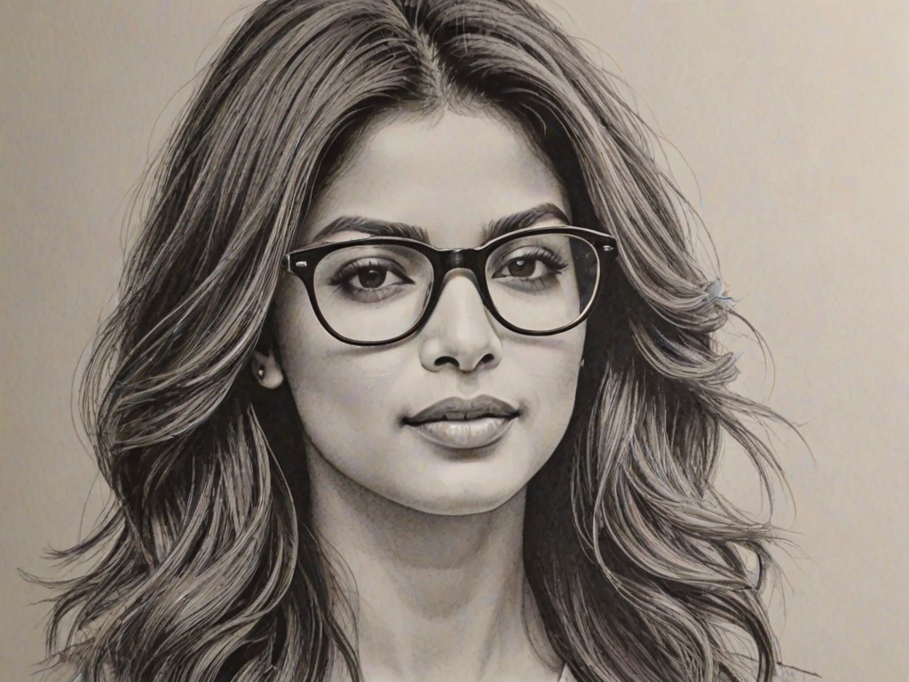 Lovely Priyanka Chopra, pencil sketch, portrait of Enchanting woman 1974s in glasses, hair style beatnik, outline, clear lines, fine lines, 8k