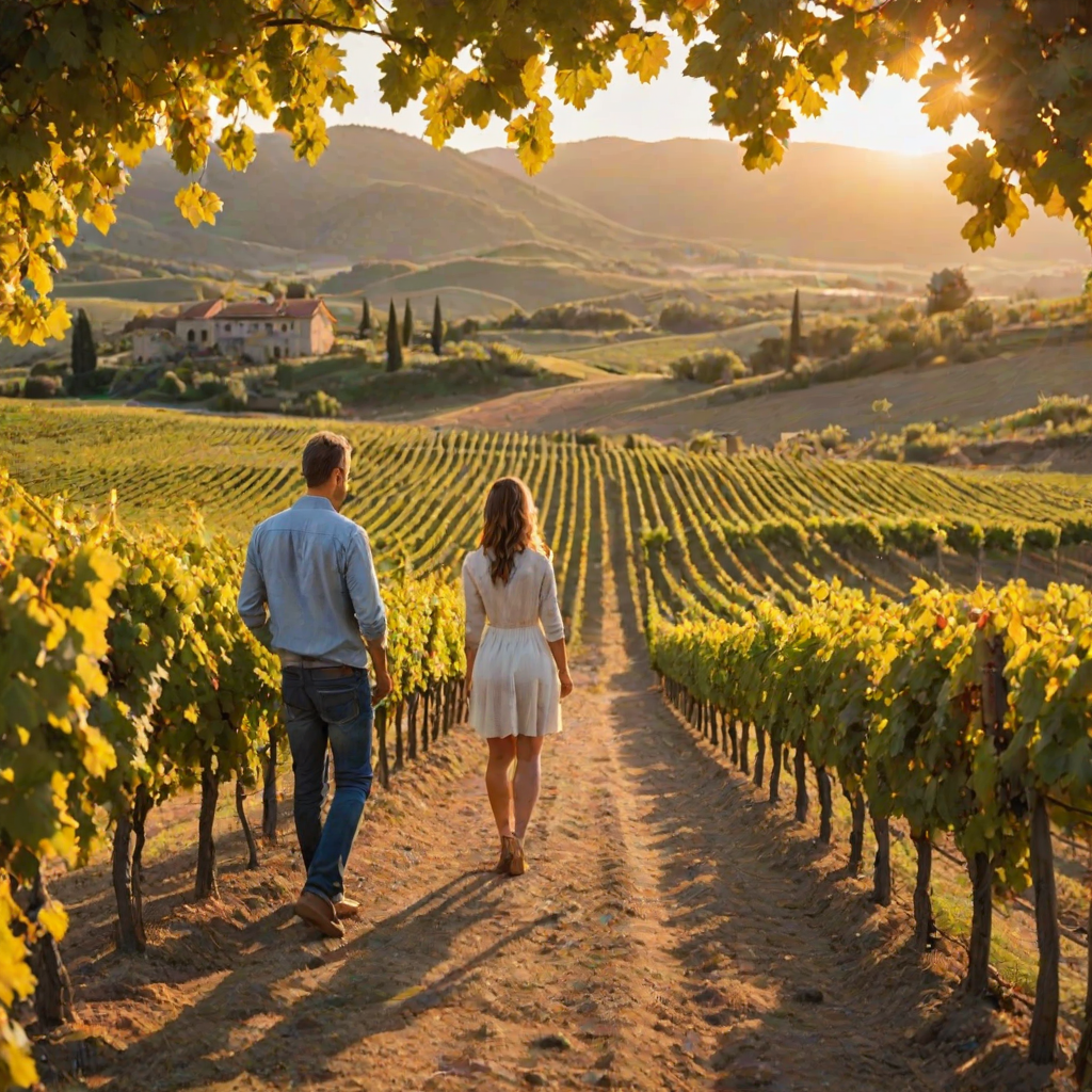 Picturesque vineyard during the golden hour, with rows of grapevines stretching into the distance, a couple enjoying a wine tasting on a rustic terrace, surrounded by natural beauty.