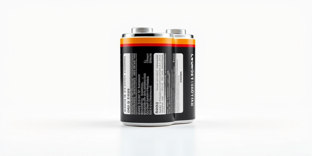 create a highly detailed digital illustration of a battery standing upright, with a shiny cylindrical design, showing clear labels and realistic textures, using a Canon EOS R5 camera, 50mm lens, aperture f/2.8, ISO 100, with soft lighting and a clean white background for high contrast and clarity.
