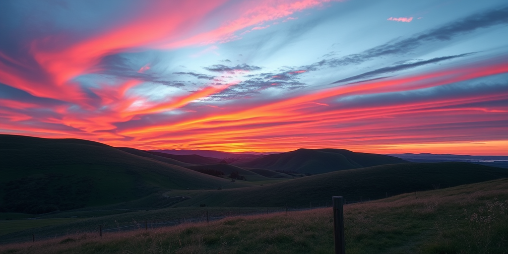Create an image of a serene landscape featuring rolling hills under a vivid sunset sky, captured with a Canon EOS R5, 24mm lens, f/8 aperture, ISO 100, at a 1/125 second shutter speed, using a wide-angle view for depth and vibrant colors.