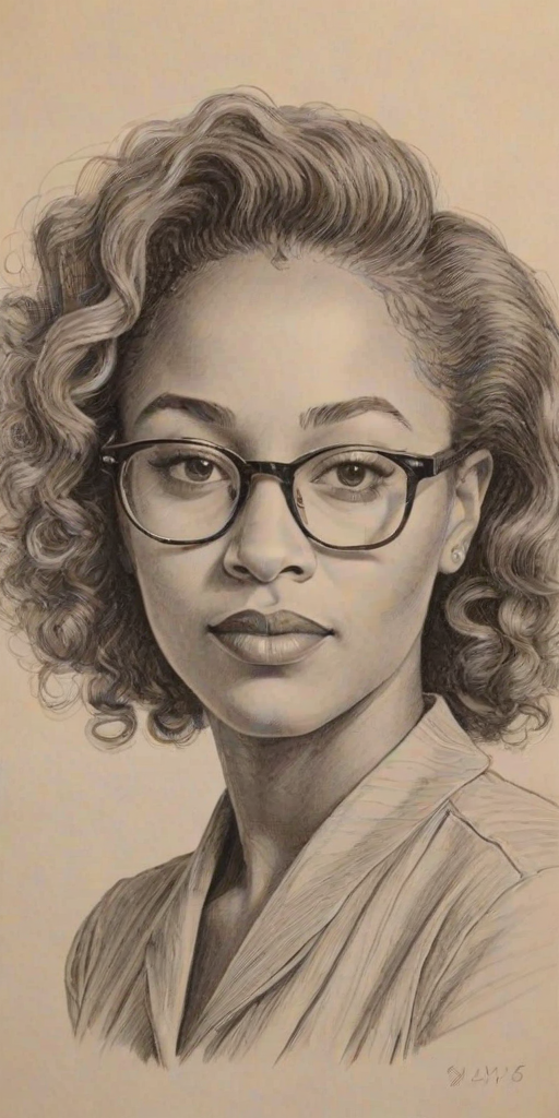 Pleasing Rachel True, pencil sketch, portrait of Captivating woman 1945s in glasses, hair style beatnik, outline, clear lines, fine lines, 8k