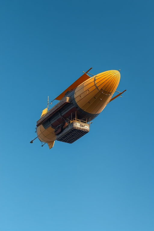 create a highly detailed steampunk airship in a clear blue sky, captured with a DSLR camera, 50mm lens, f/1.8 aperture, ISO 100, high dynamic range, and top-down view for enhanced quality