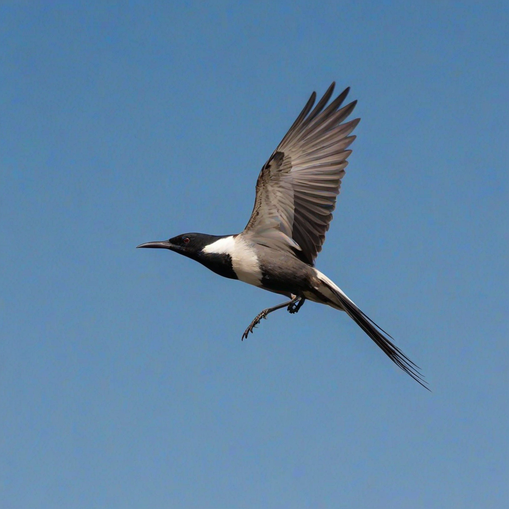 Create an image of a black-headed bird in flight against a clear blue sky, showcasing its long wings and slender body.