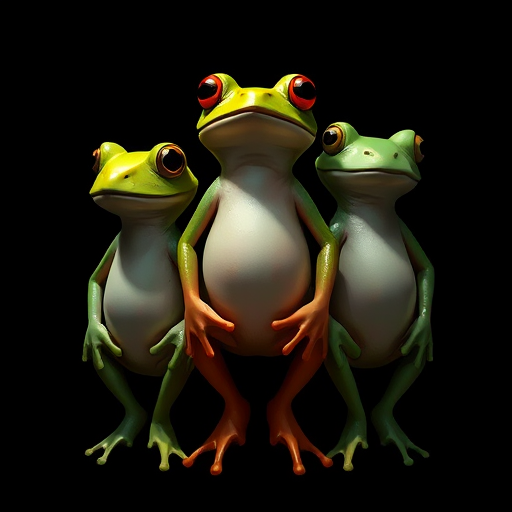 Create an original digital illustration of three abstract figures resembling stylized frogs, with a dark background, using a high-resolution digital camera, f/2.8 aperture, 50mm lens, and soft lighting to enhance depth and detail.