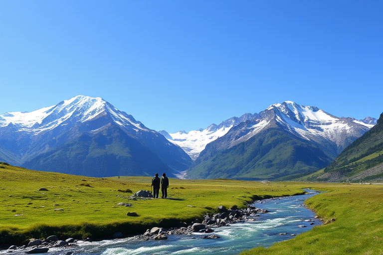 a scenic mountain landscape with a clear blue sky, snow-capped peaks, a flowing river in the foreground, green meadows, and hikers in the distance, shot with a DSLR camera at f/8, ISO 200, 1/250 sec, wide-angle lens, landscape orientation
