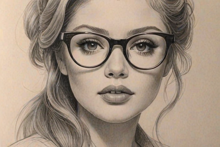 Attractive Renee Olstead, pencil sketch, portrait of Lovely woman 1978s in glasses, hair style beatnik, outline, clear lines, fine lines, 8k
