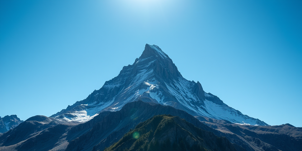 mountain landscape photography during daytime, bright blue sky, sharp peak focus, ISO 100, f/11 aperture, 1/250 sec shutter speed, 50mm lens, DSLR camera, wide-angle view, high dynamic range processing