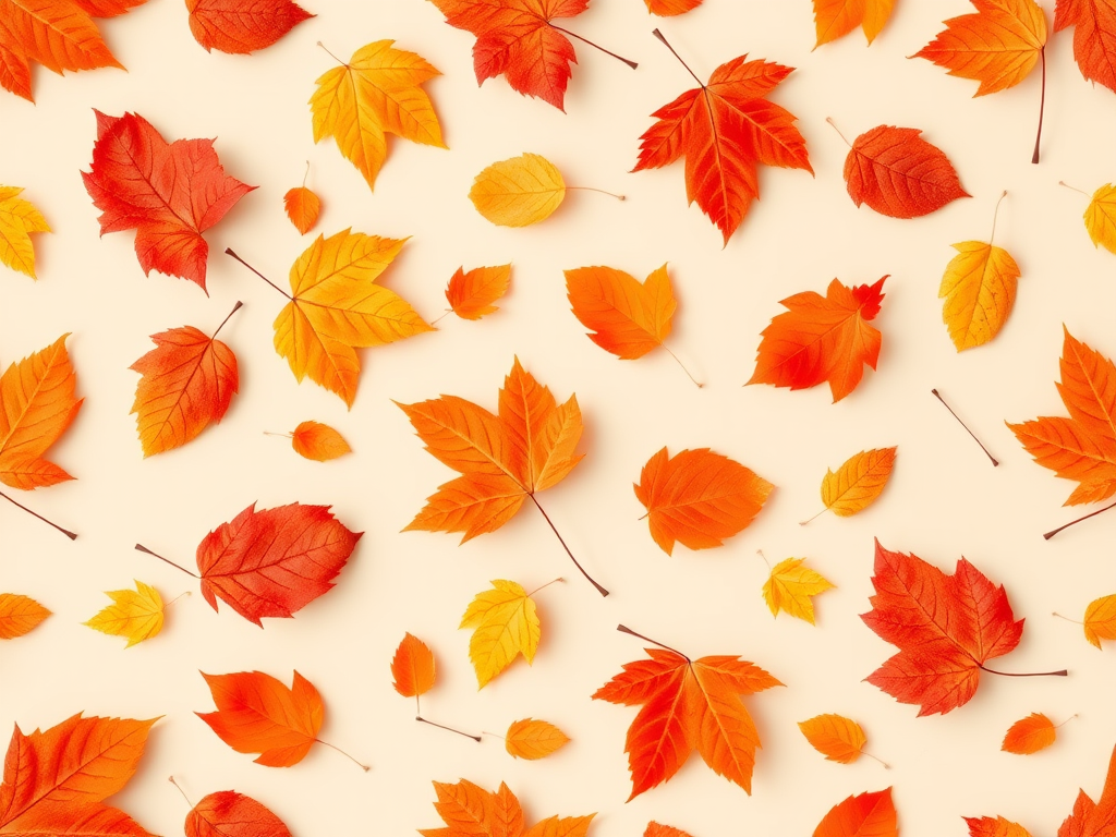 create a seamless pattern of autumn leaves in warm hues of orange, red, and yellow on a soft beige background, high-resolution, macro view, DSLR camera, f/2.8 aperture, 50mm lens, natural lighting