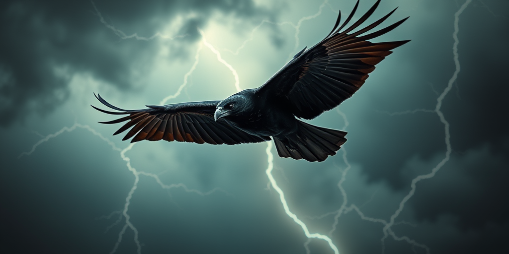 A majestic raven soaring through a stormy sky with lightning illuminating the background, capturing intricate feathers and intense gaze, shot with a Canon EOS R5, 50mm lens, f/1.8, ISO 200, shutter speed 1/250s, in dramatic low angle view with high dynamic range for enhanced contrast and color saturation.