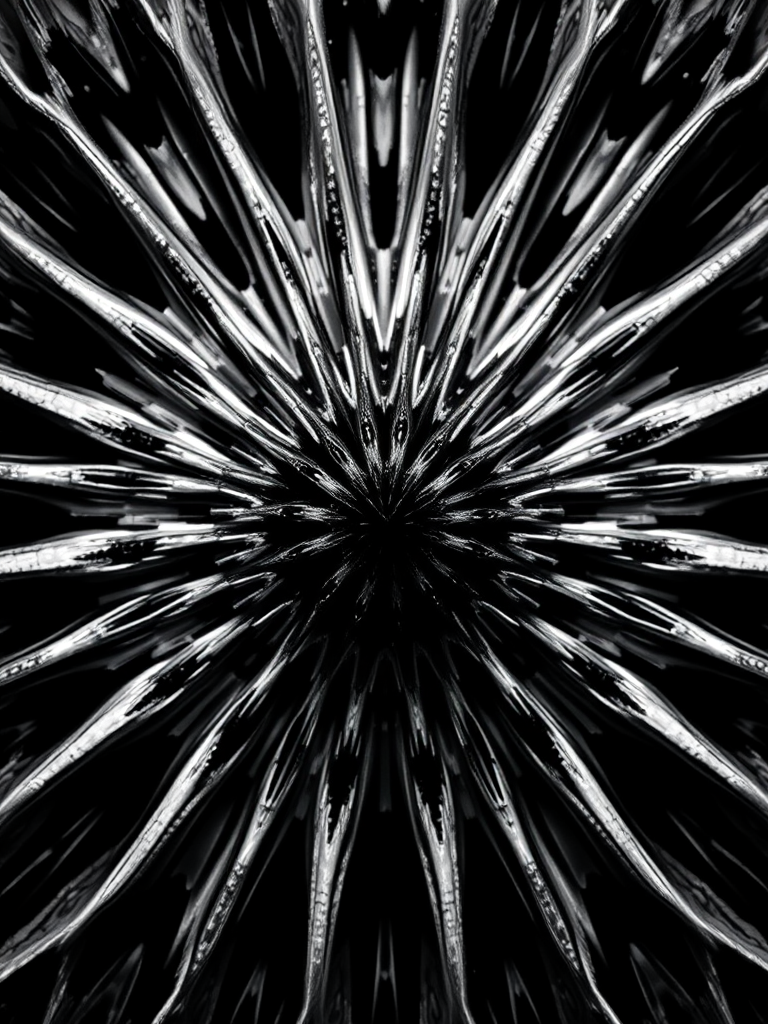 create a high-contrast black and white image of an abstract burst pattern with detailed textures, using a DSLR camera, 50mm lens, aperture f/1.8, shutter speed 1/500s, ISO 100, shot from a top-down perspective with a shallow depth of field to enhance clarity and focus.