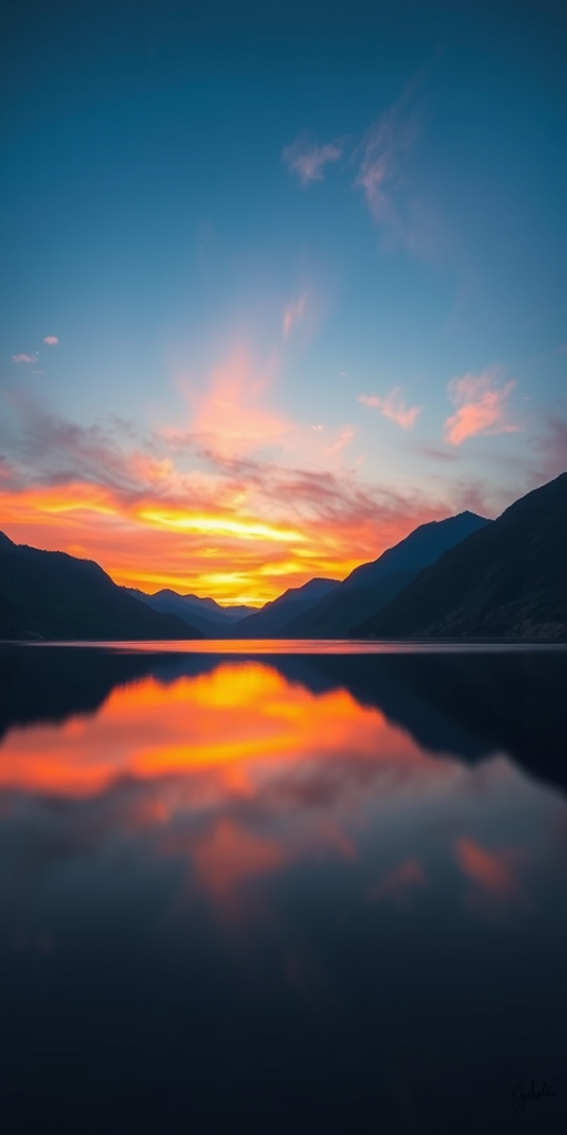 Create a high-resolution digital artwork of a serene landscape featuring a sunset over a calm lake surrounded by mountains, with a focus on vibrant colors and reflections in the water, shot with a Canon EOS R5, 50mm lens, f/1.8 aperture, 1/125 sec shutter speed, ISO 100, with a wide-angle view to capture the expansive scenery.