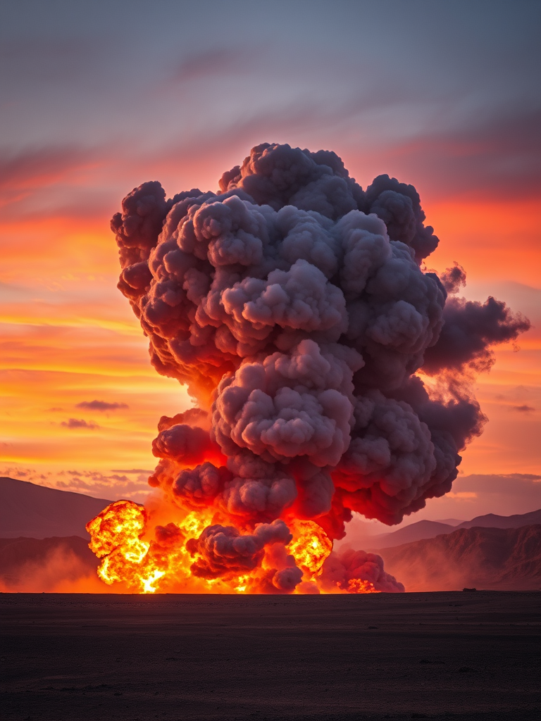 explosion in a desert landscape at dusk, dramatic clouds of smoke and fire, vivid colors, capture with a Canon EOS R5, 24mm lens, f/4 aperture, ISO 100, shutter speed 1/500s, high dynamic range, wide-angle view, realistic detail