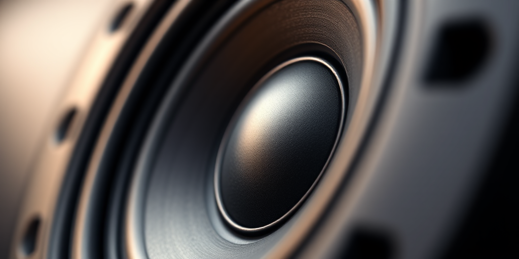 high-resolution image of a speaker with a glossy finish, focus on details and texture, shallow depth of field, ISO 100, aperture f/2.8, shutter speed 1/60s, taken with a DSLR camera from a close-up angle, studio lighting to enhance shadows and highlights