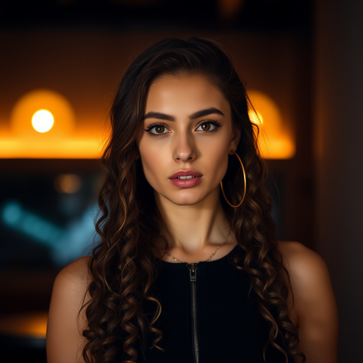 A young woman with long, curly brown hair is looking directly at the viewer. She is wearing a black top with a zipper down the front. The setting is a dimly lit interior space, with a warm, golden light emanating from the background. Her expression is neutral, with a hint of seriousness. The image is a close-up portrait with a shallow depth of field, focusing on the woman's face and torso. The background is blurred, creating a soft and intimate atmosphere.  She is wearing large gold hoop earrings, and a small gold chain is visible around her neck.  Her makeup is natural and simple, highlighting her brown eyes. The lighting creates subtle shadows that accentuate her features.  Her skin is smooth and glows in the soft light. The composition is balanced, with the woman's face positioned in the center of the frame.  The image is focused on capturing her beauty and confidence.