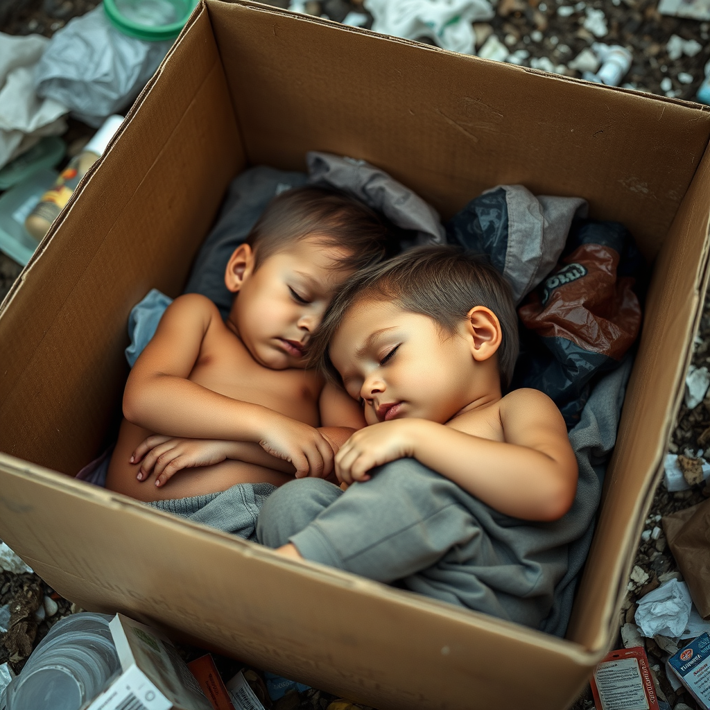 Two children sleeping in a cardboard box surrounded by garbage, soft morning light, shallow depth of field, 35mm lens, f/1.8 aperture, ISO 200, low angle view, DSLR camera.