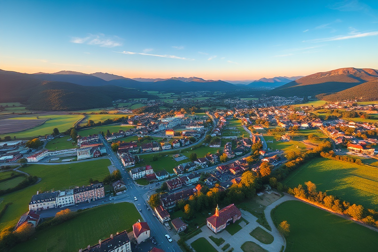 Aerial view of a picturesque town surrounded by mountains, lush green fields, and historical buildings, captured at golden hour with a DSLR camera setting of ISO 200, f/8 aperture, 1/250 sec shutter speed for sharpness, using a wide-angle lens from a high vantage point to enhance depth and detail.