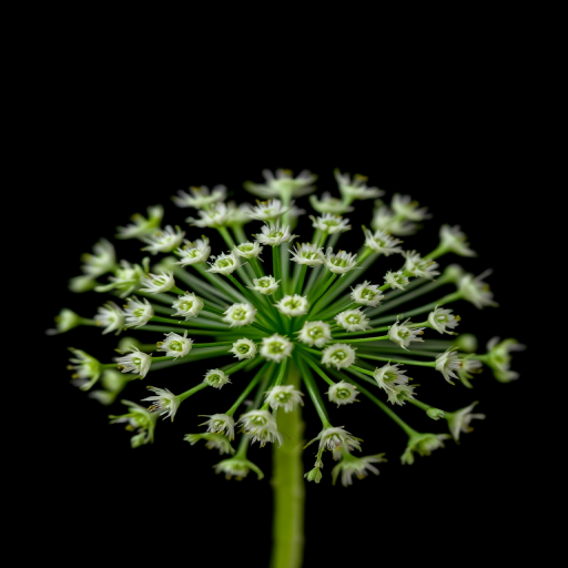 macro shot of a dill flower cluster against a black background, using a DSLR camera with a 100mm f/2.8 macro lens, aperture f/8, shutter speed 1/200s, ISO 200, and natural lighting for enhanced detail and color vibrancy