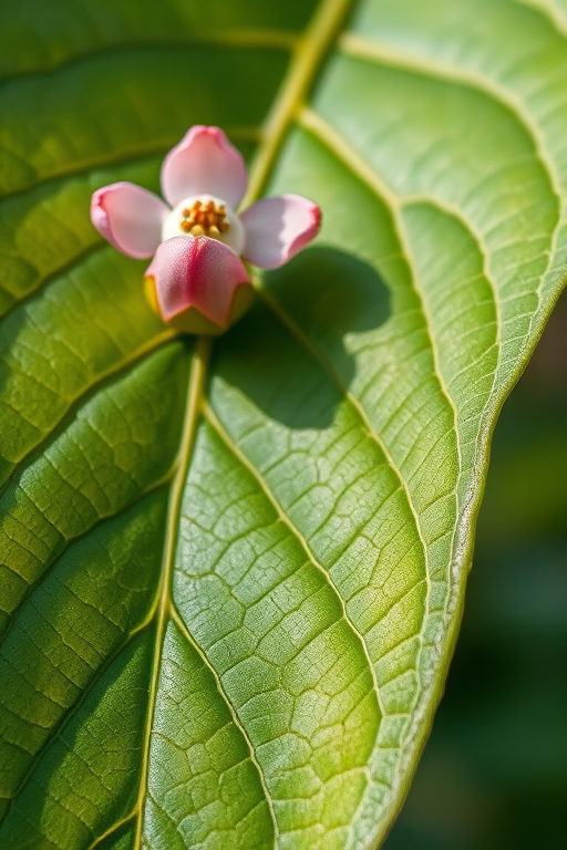 A detailed close-up of a leaf with intricate veins and a blossoming flower, captured with a Canon EOS R5, 50mm f/1.8 lens, ISO 100, aperture f/2.8, and natural daylight, emphasizing texture and clarity.