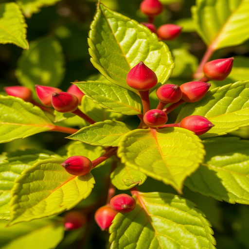 Capture a close-up shot of vibrant green leaves with red buds, using a macro lens, aperture f/2.8, shutter speed 1/200 sec, ISO 100, taken in natural daylight with a shallow depth of field to highlight details.